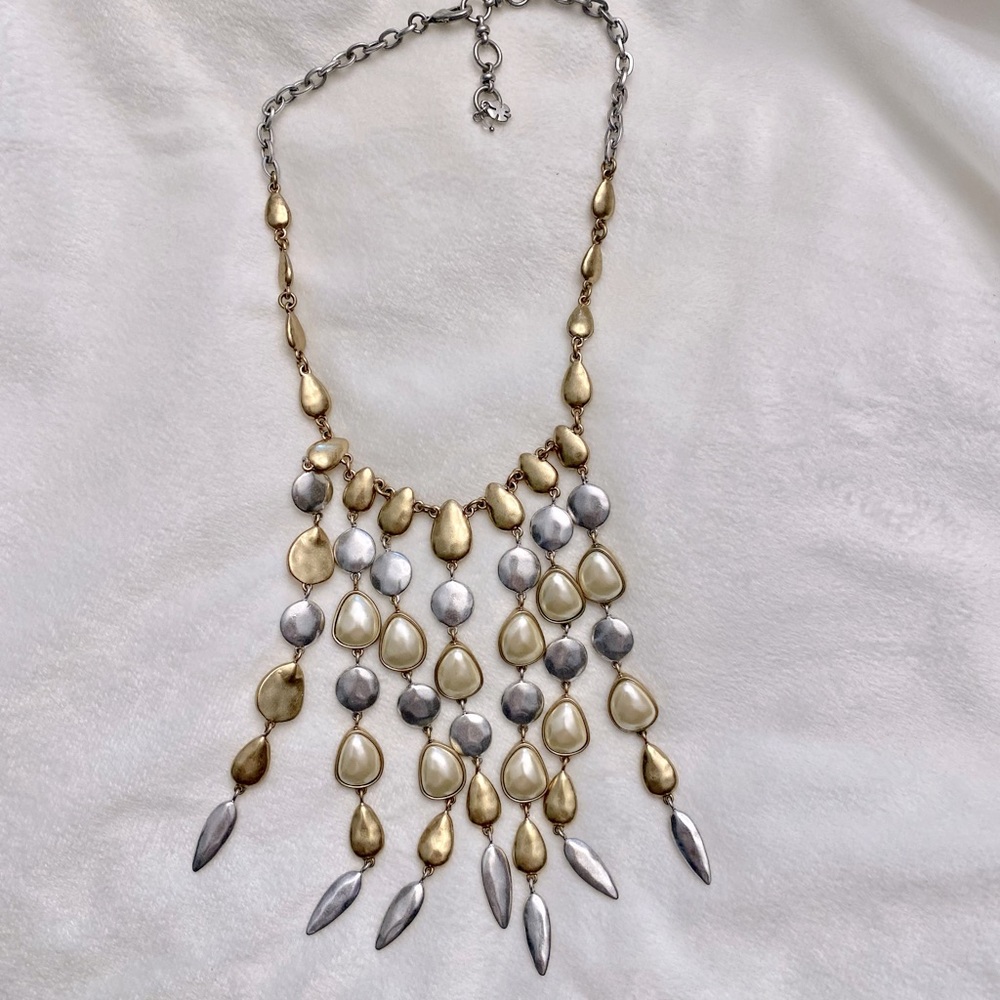 LUCKY BRAND necklace. Gold, silver & pearl linked waterfall design on 18” chain